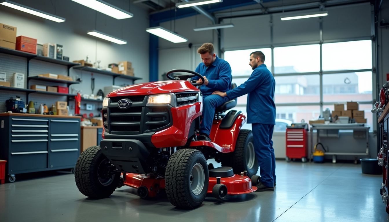 Technicien en train de réparer une tondeuse autoportée dans l'atelier d'un magasin de motoculture à Saint-Jean