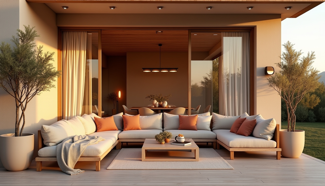 Terrasse aménagée avec un mobilier et une décoration en harmonie avec le style intérieur de la maison