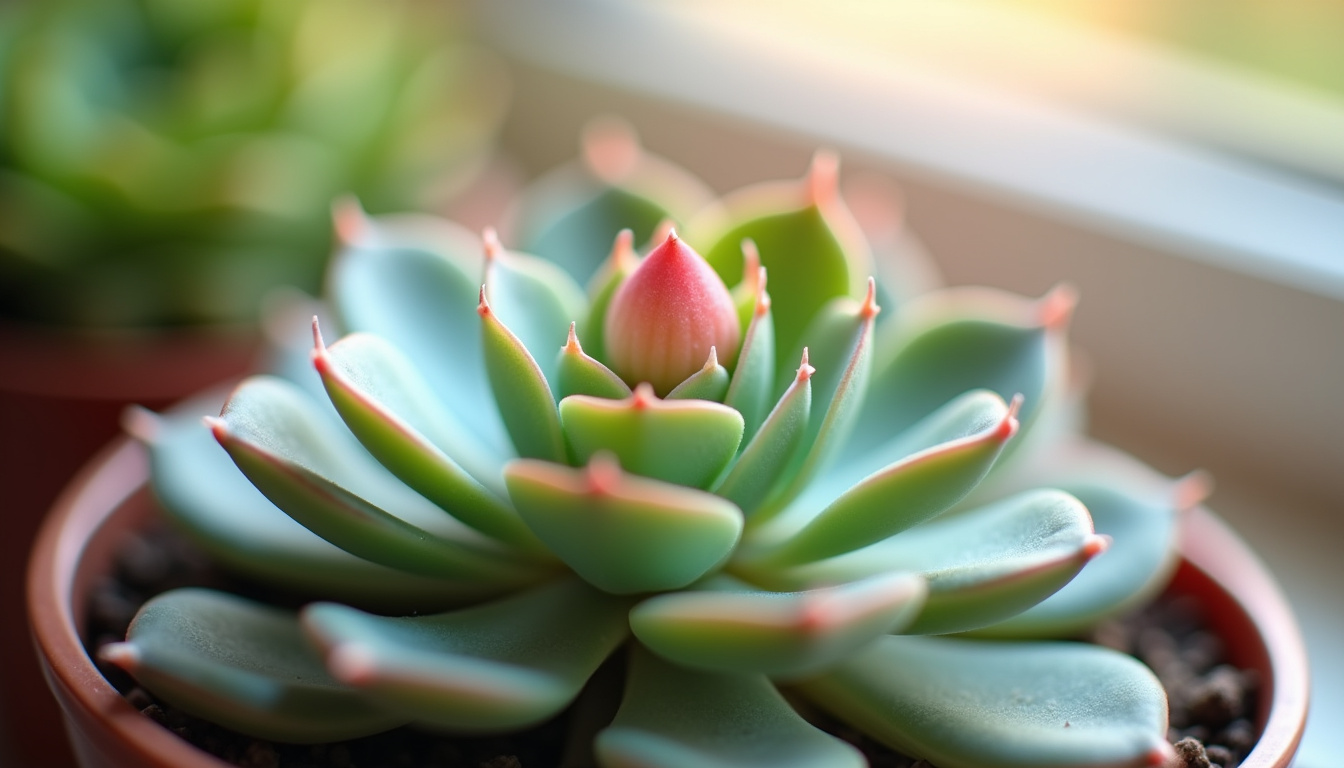 Une écheveria en fleur avec une hampe florale rose sortant du centre de la rosette
