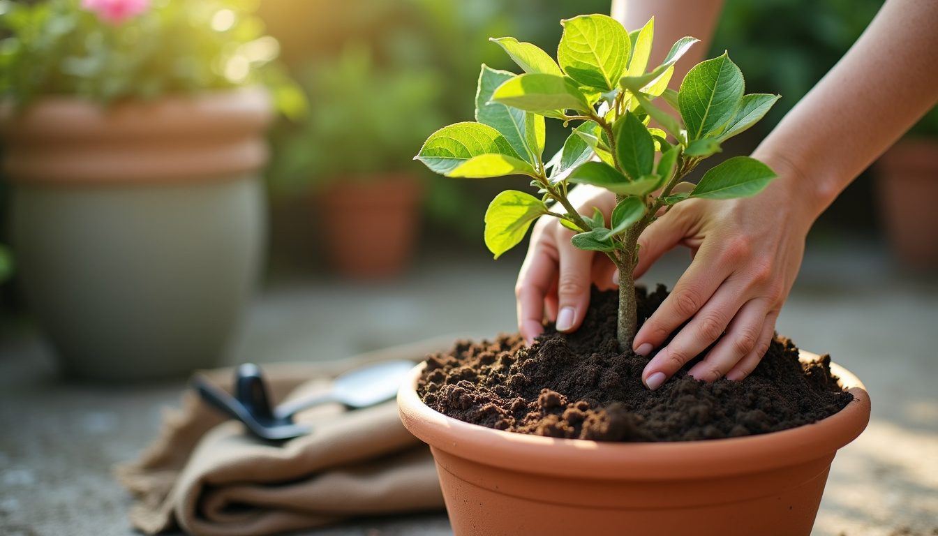 Citronnier en cours de plantation dans un grand pot avec drainage et terreau