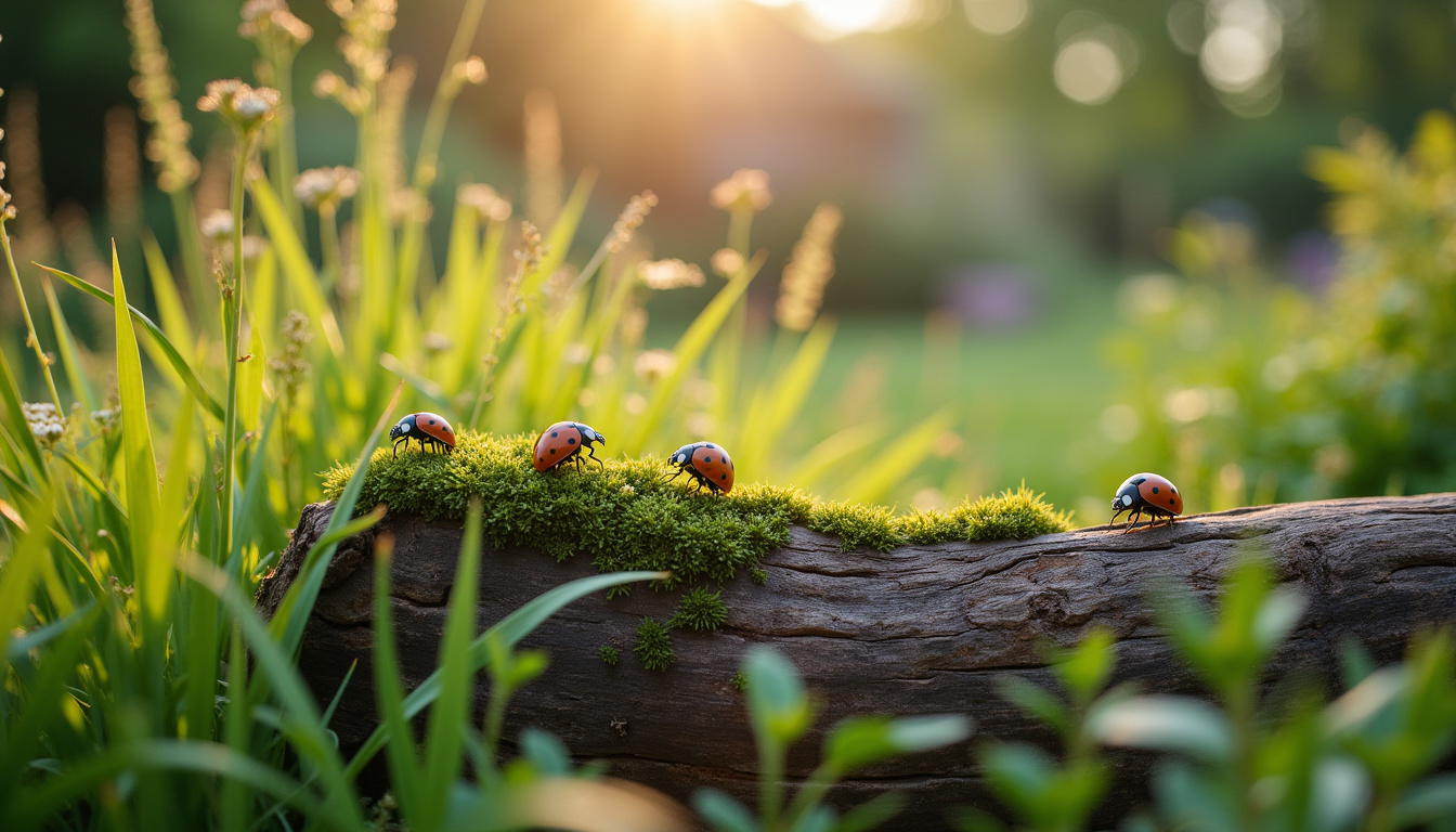 Coin de nature sauvage dans un jardin moderne, avec plantes indigènes, bois mort et insectes auxiliaires