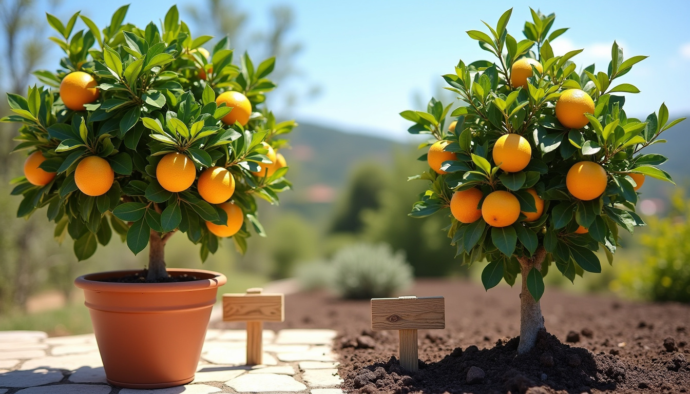 Comparaison entre un agrume en pot et un agrume en pleine terre