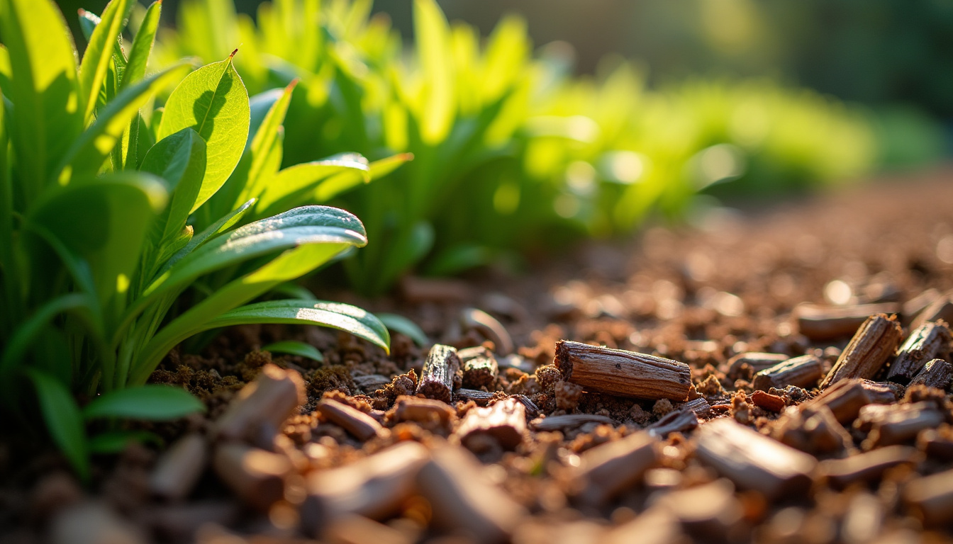 Couche de copeaux de bois posée au pied des plantes pour protéger le sol