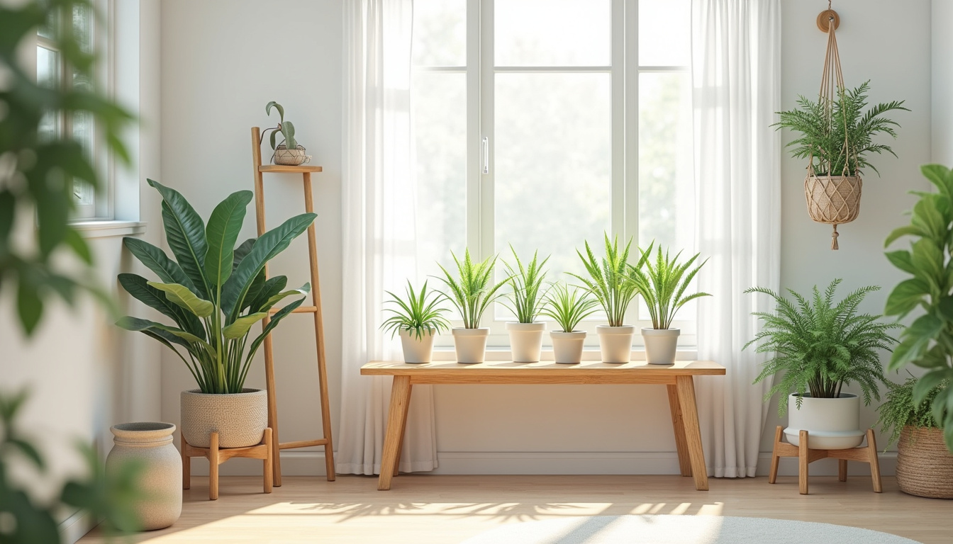 Différents types de meubles à plantes: étagère, porte-plante sur pied, support mural et suspension