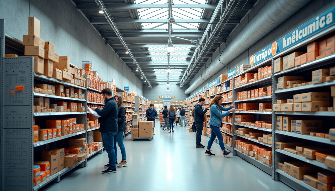 Intérieur du magasin L’Entrepôt du Bricolage à Alès avec rayons bien organisés et clients en déplacement