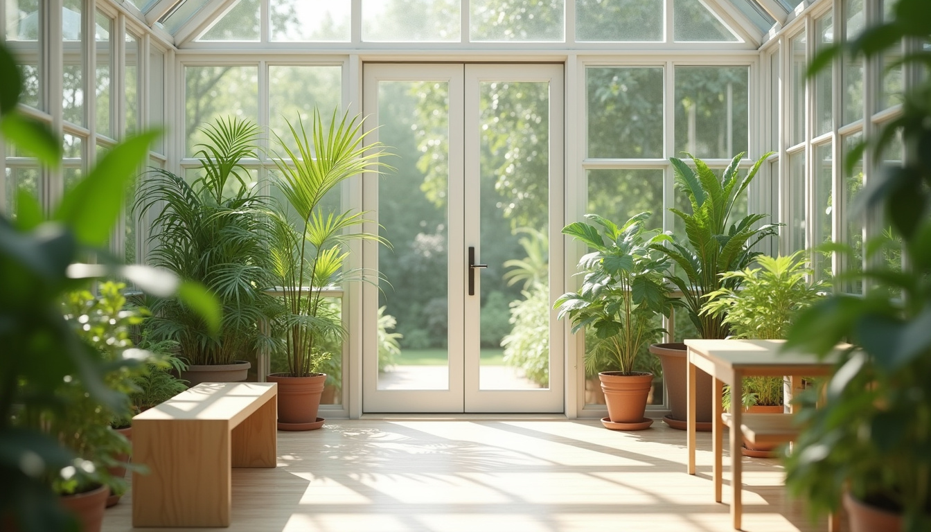 Intérieur d'une maison en serre avec lumière naturelle abondante, plantes vertes et mobilier sobre en bois clair