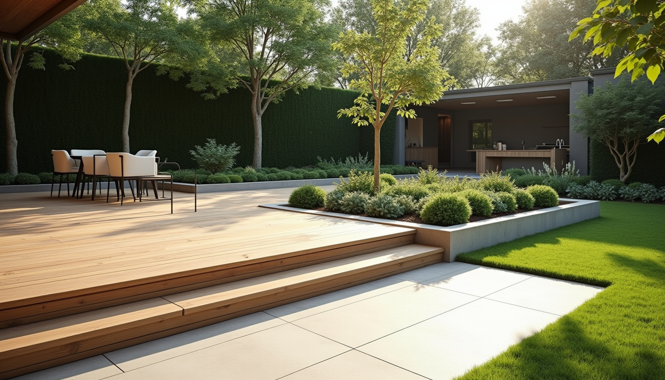 Jardin moderne avec des lignes géométriques épurées, une terrasse en bois et des massifs bien délimités