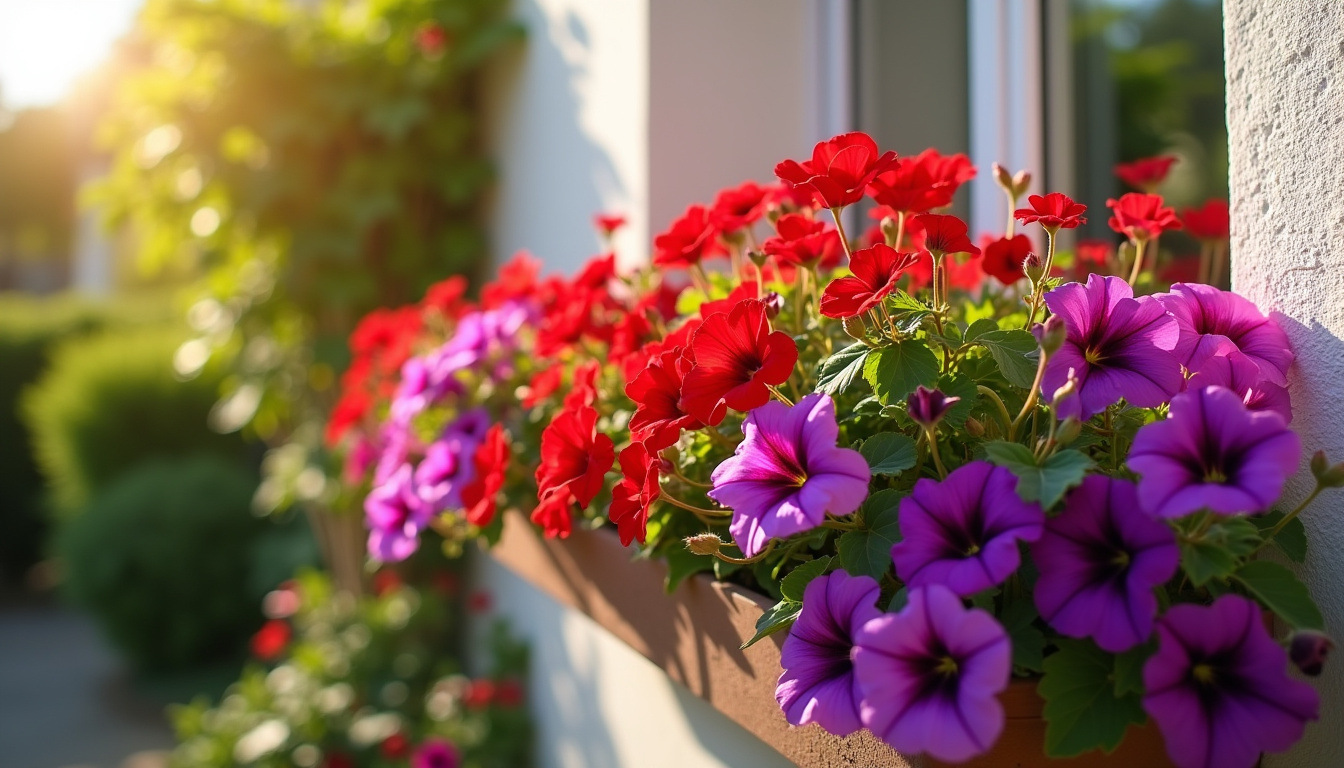Jardinière fleurie exposée plein sud avec géraniums et pétunias en pleine floraison