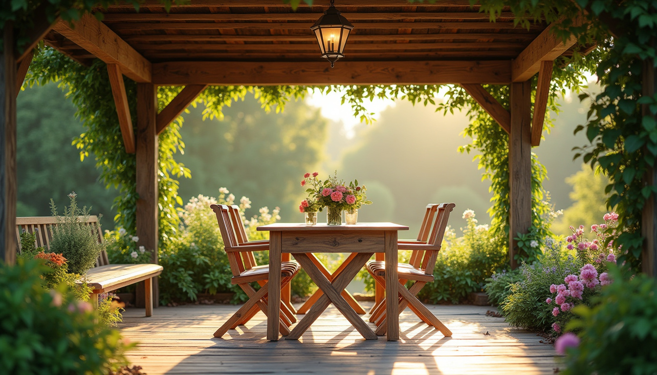 Kiosque en bois dans un jardin, utilisé comme espace repas extérieur avec table et chaises