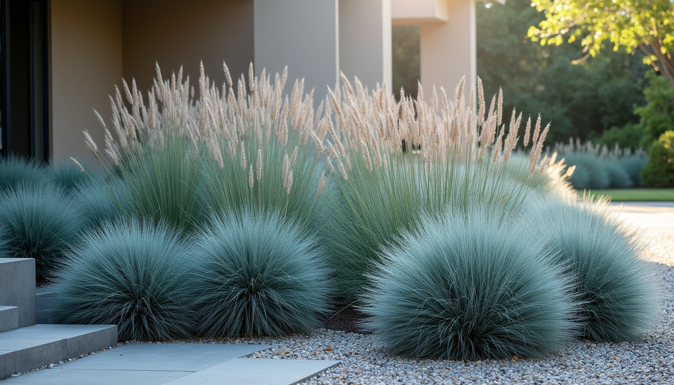 Massif de graminées ornementales dans un jardin moderne, avec fétuque bleue et miscanthus en lumière tamisée