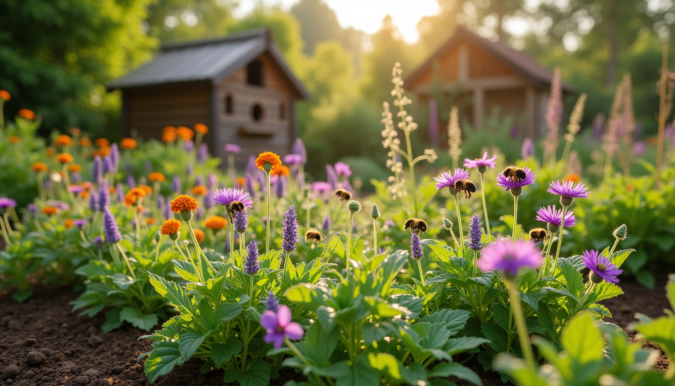 Potager en permaculture avec diversité végétale et abeilles en activité