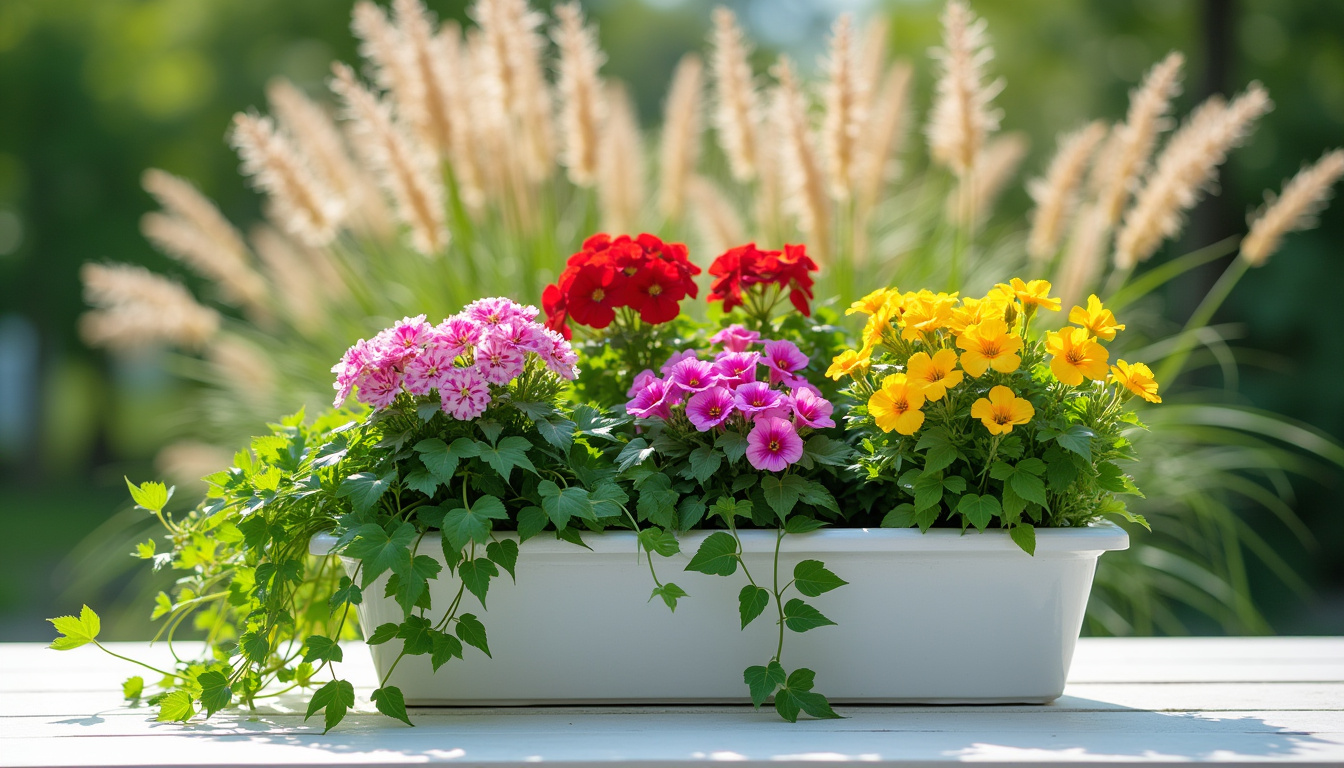 Schéma illustré de la règle des trois niveaux en jardinière: plantes retombantes, intermédiaires et hautes