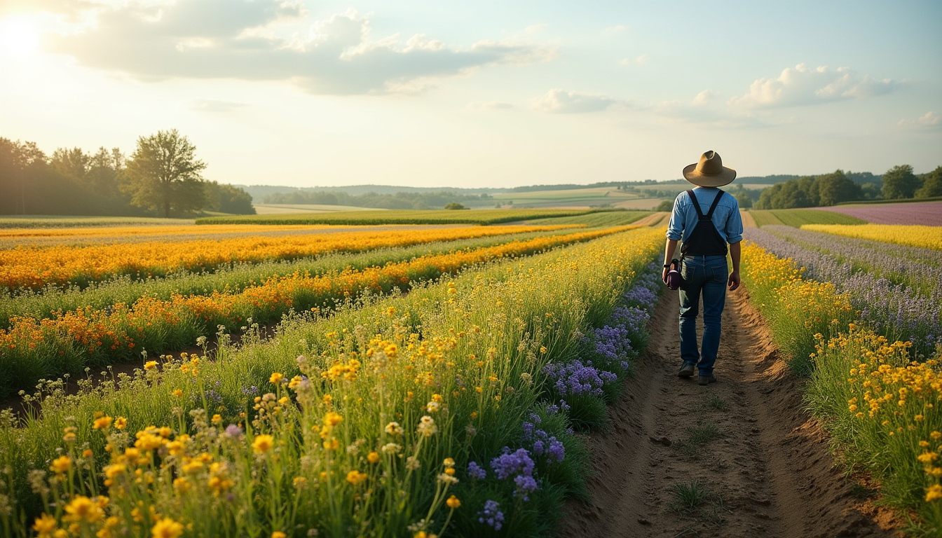 Un champ cultivé selon les principes de l'agroécologie, avec des bandes fleuries, des haies et une diversité de cultures visibles