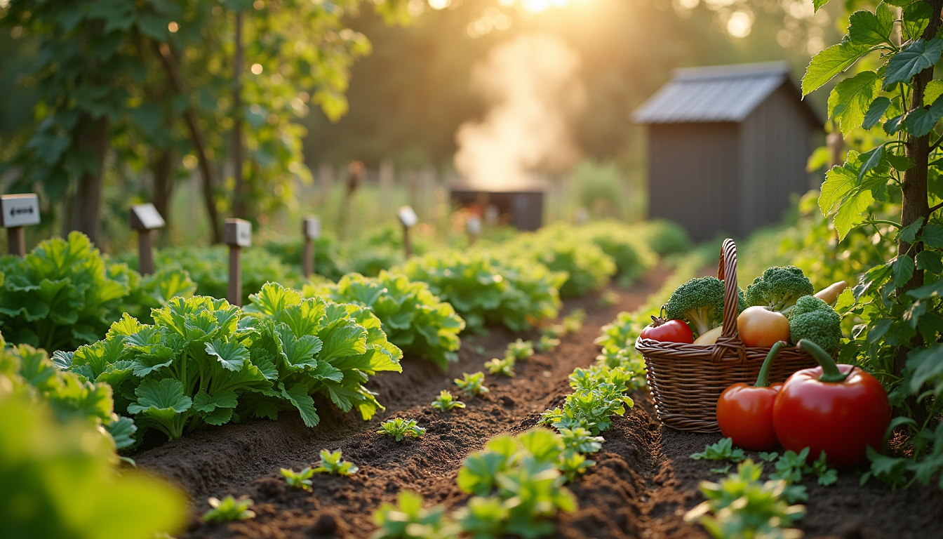 Un potager familial bien entretenu avec des rangées de légumes variés, des arbres fruitiers et un compost en arrière-plan