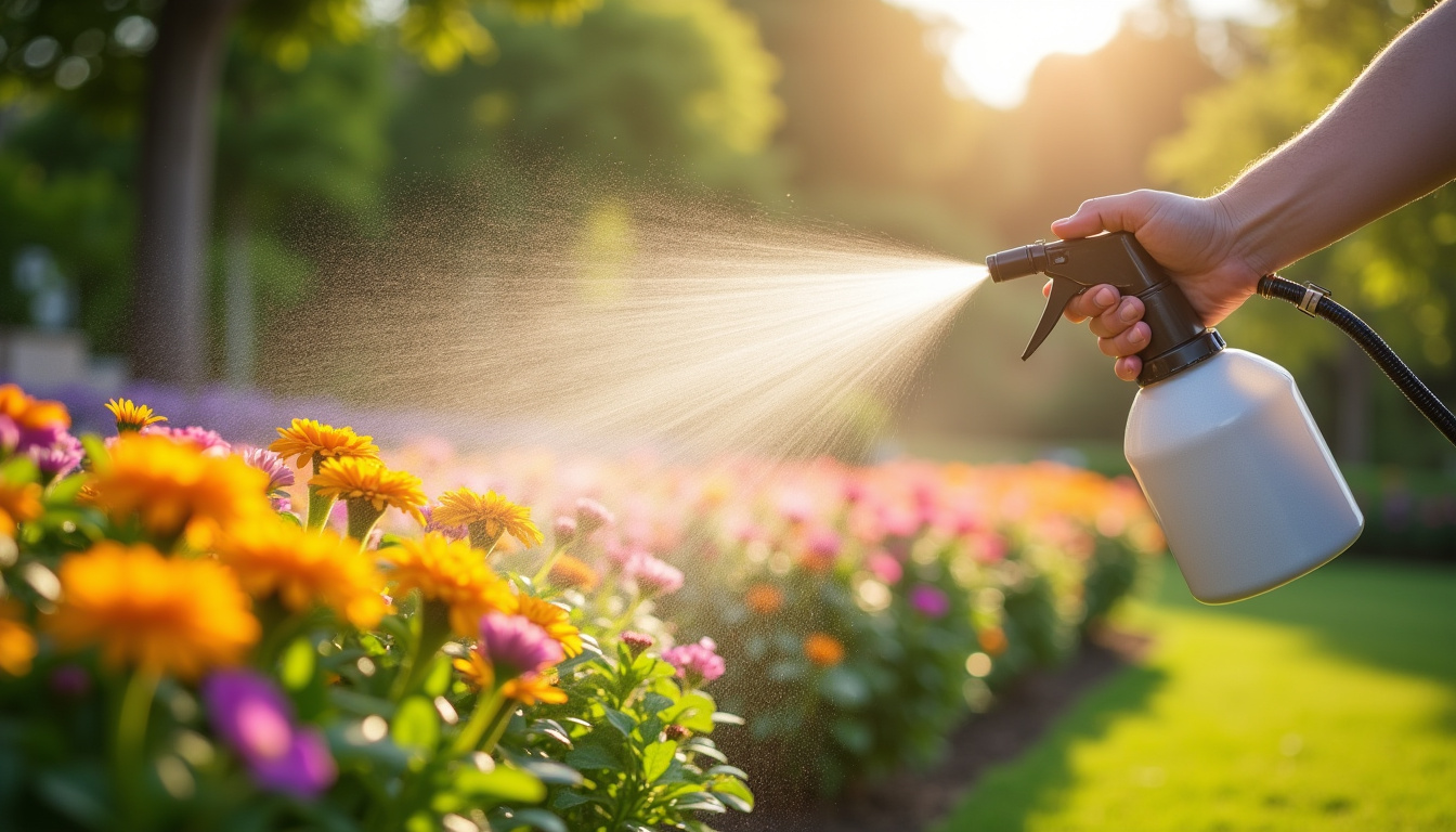 Utilisation d’un pulvérisateur manuel sur un massif de fleurs en extérieur