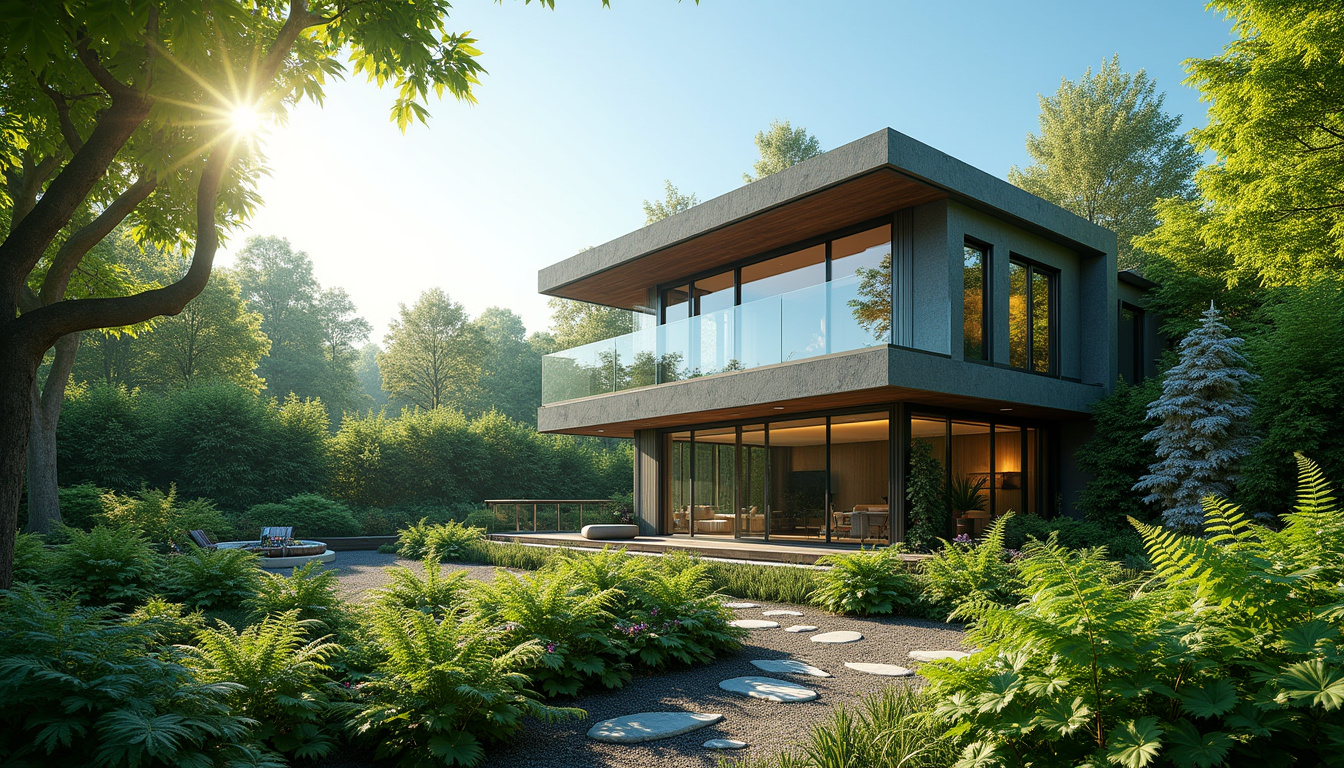 Vue extérieure d'une maison en serre entourée de végétation luxuriante par une journée ensoleillée